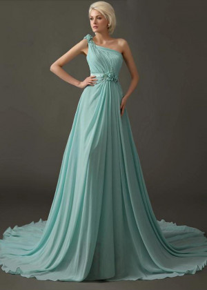Beaded One Shoulder Mint Chiffon Modern Evening Dress
